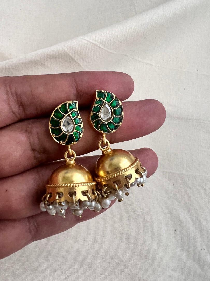 Gold polish kundan jhumkas with pearls-Earrings-CI-House of Taamara