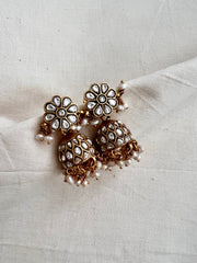 Gold polish kundan jhumkas with pearls-Earrings-CI-House of Taamara