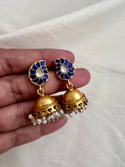 Gold polish kundan jhumkas with pearls-Earrings-CI-House of Taamara
