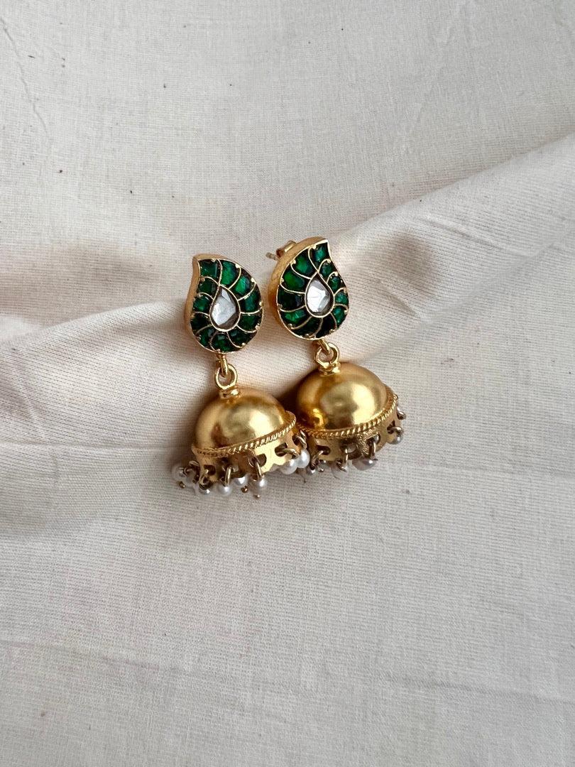 Gold polish kundan jhumkas with pearls-Earrings-CI-House of Taamara