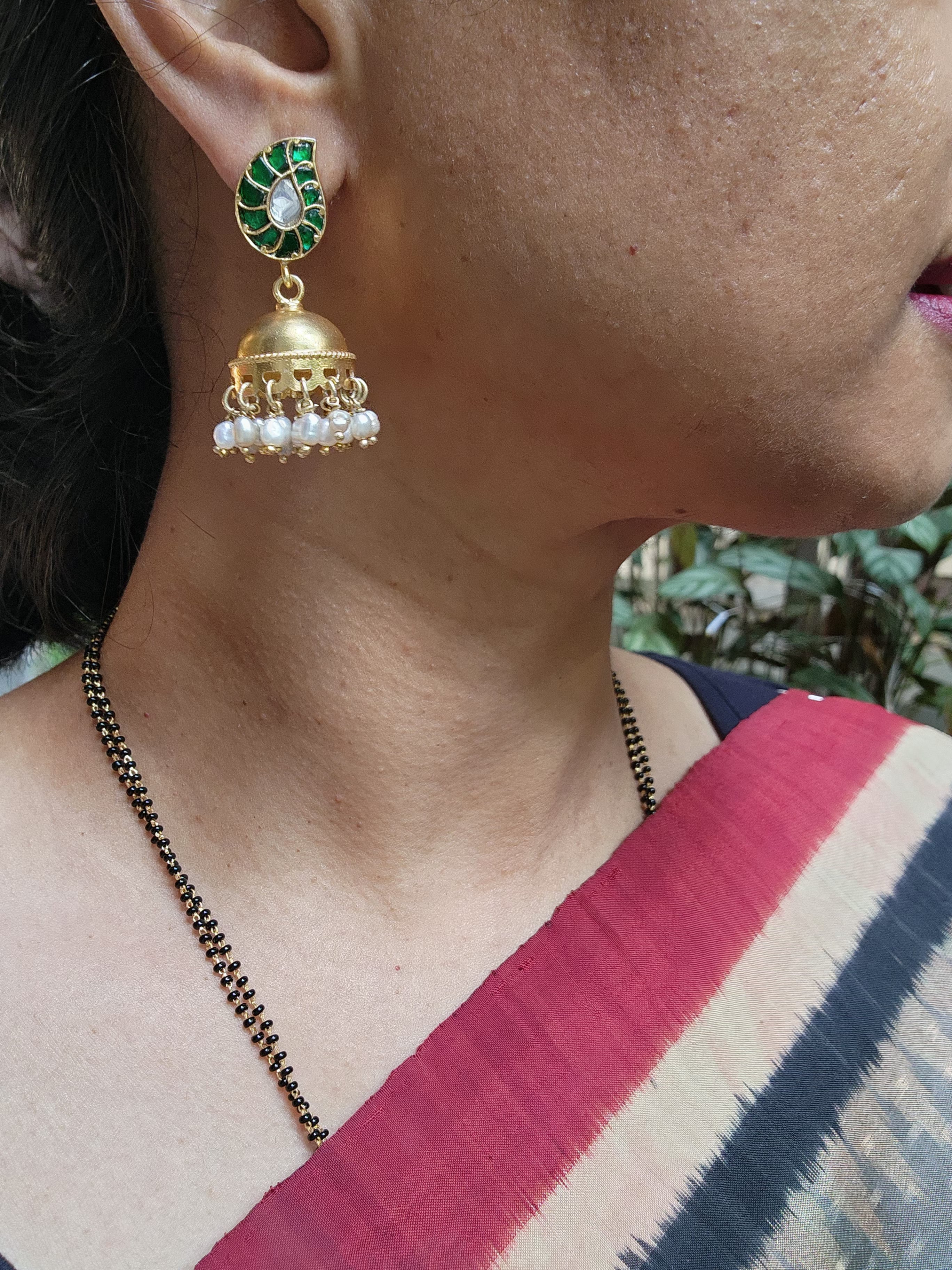 Gold polish kundan jhumkas with pearls-Earrings-CI-House of Taamara