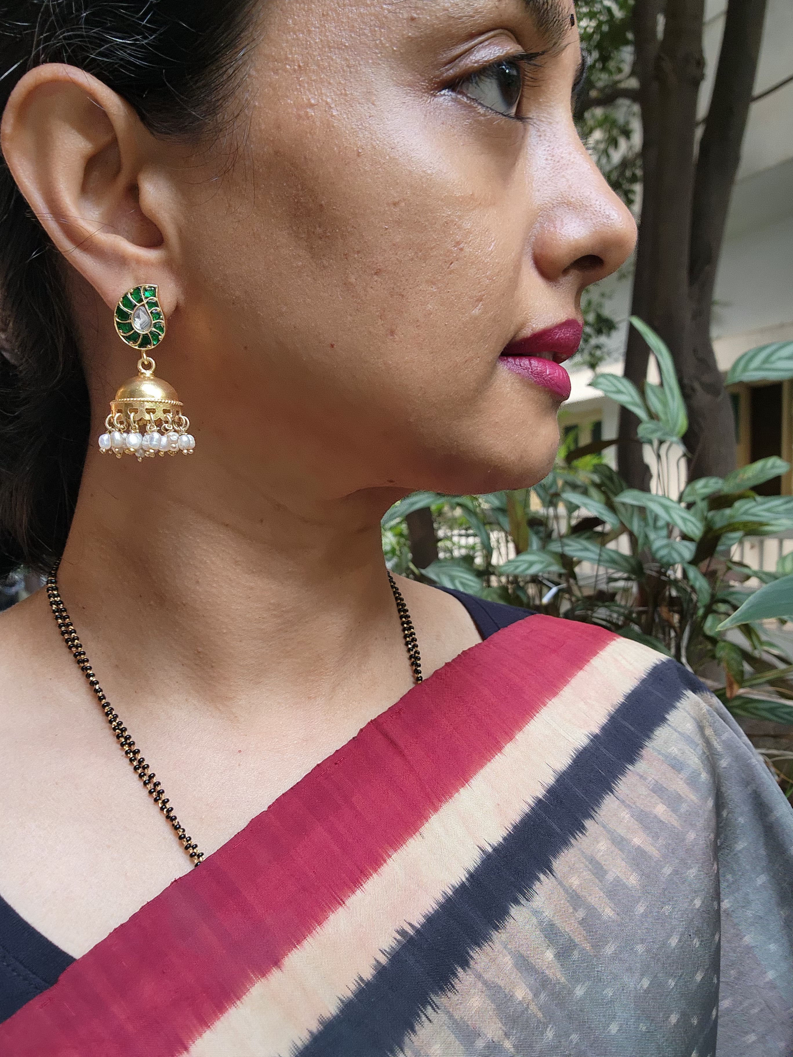Gold polish kundan jhumkas with pearls-Earrings-CI-House of Taamara