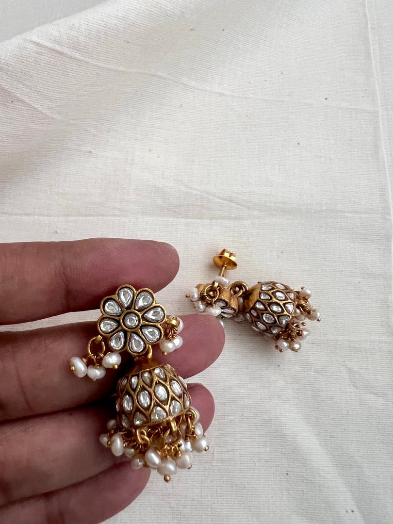 Gold polish kundan jhumkas with pearls-Earrings-CI-House of Taamara
