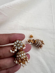 Gold polish kundan jhumkas with pearls-Earrings-CI-House of Taamara