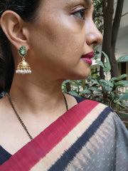Gold polish kundan jhumkas with pearls-Earrings-CI-House of Taamara