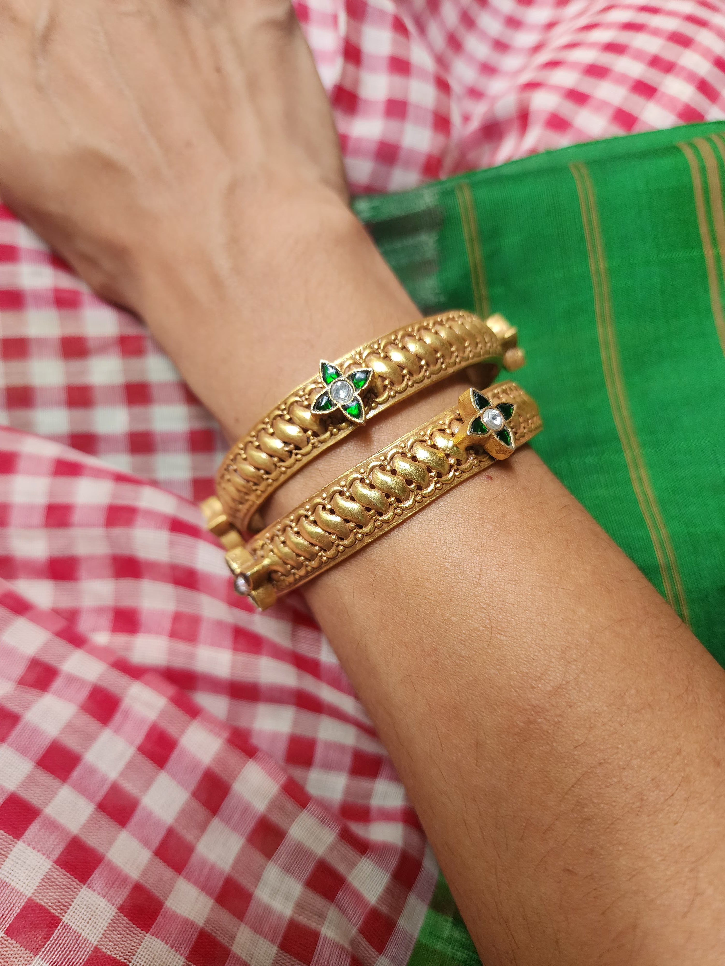 Gold polish kundan motif bangles, PAIR-Silver Bracelet-CI-House of Taamara