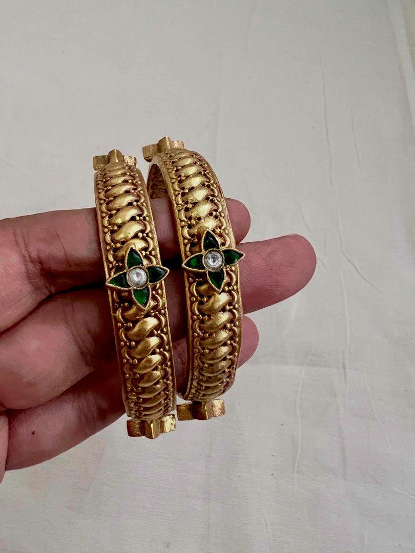 Gold polish kundan motif bangles, PAIR-Silver Bracelet-CI-House of Taamara
