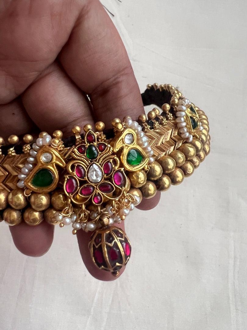 Gold polish kundan motifs black threaded thussi necklace-Silver Neckpiece-CI-House of Taamara