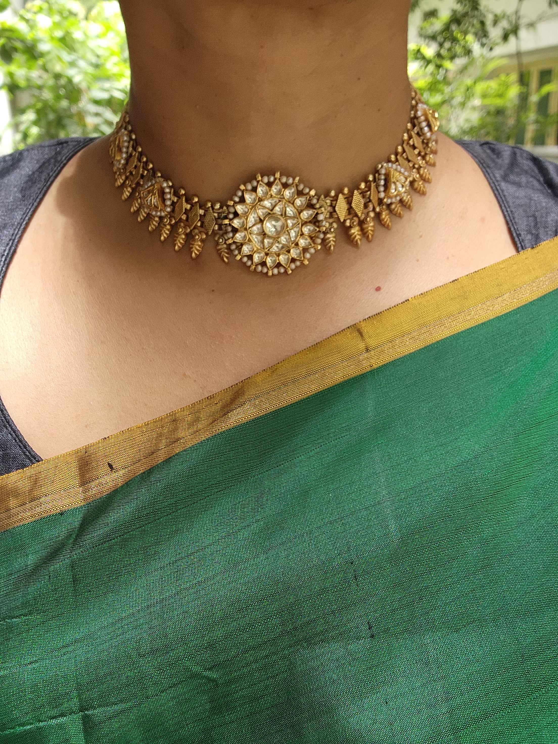 Gold polish kundan pendant necklace with pearls-Silver Neckpiece-CI-House of Taamara