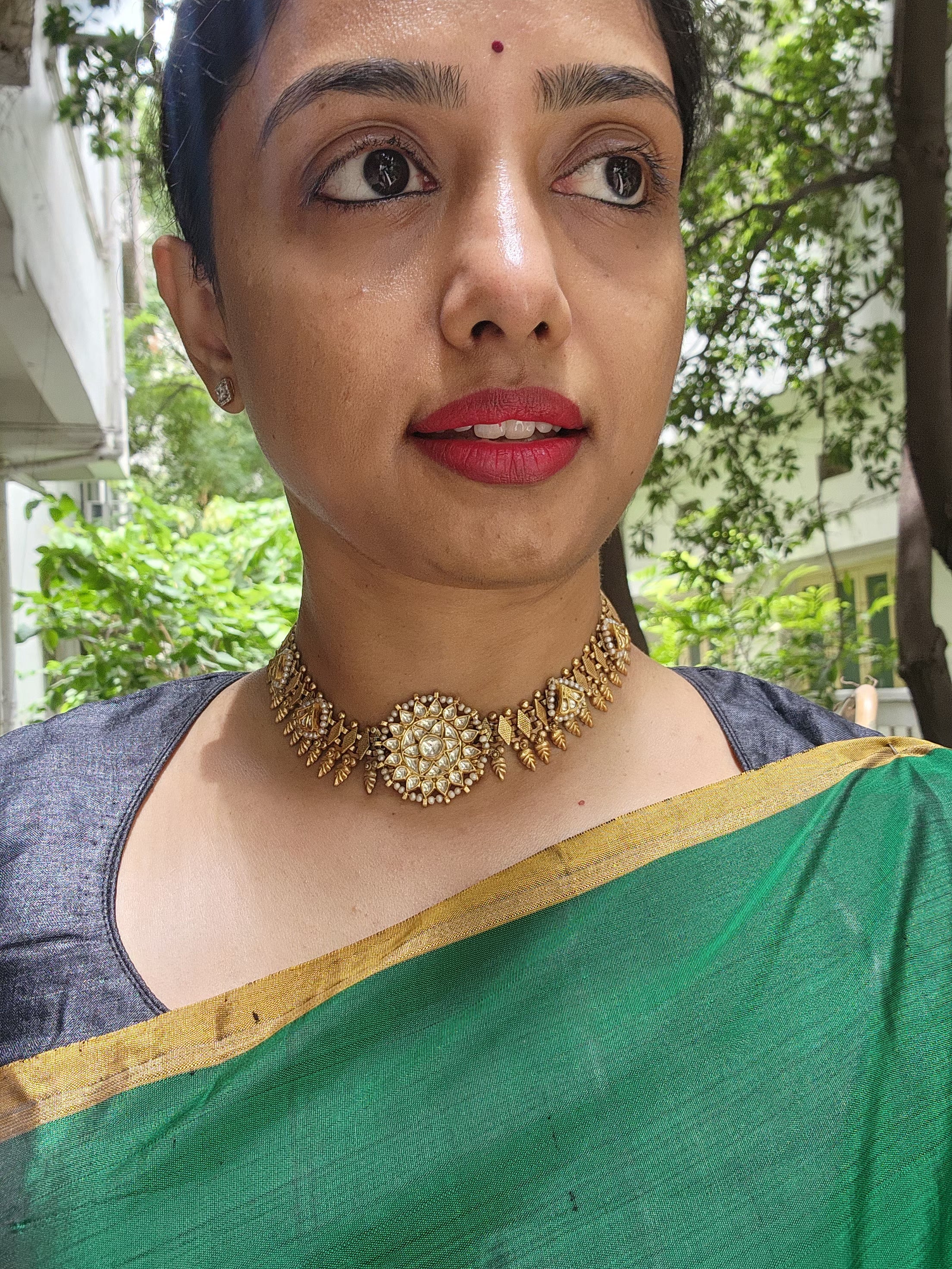 Gold polish kundan pendant necklace with pearls-Silver Neckpiece-CI-House of Taamara