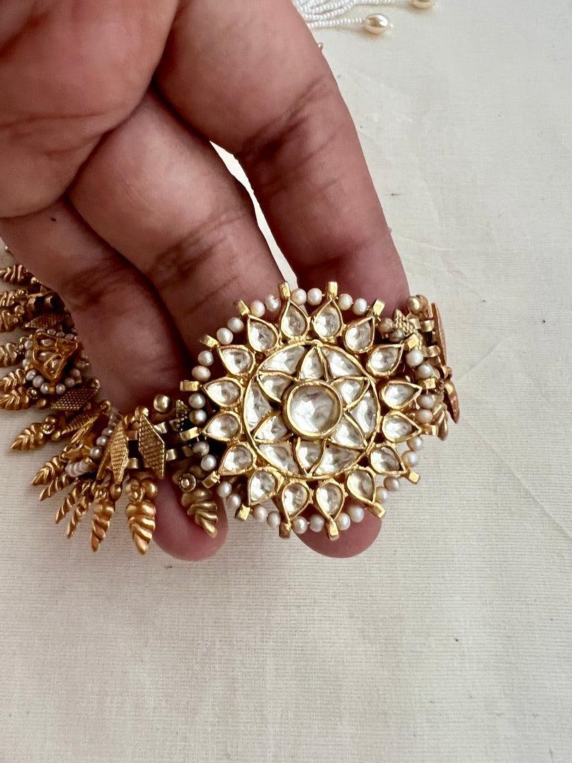 Gold polish kundan pendant necklace with pearls-Silver Neckpiece-CI-House of Taamara