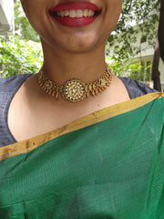 Gold polish kundan pendant necklace with pearls-Silver Neckpiece-CI-House of Taamara