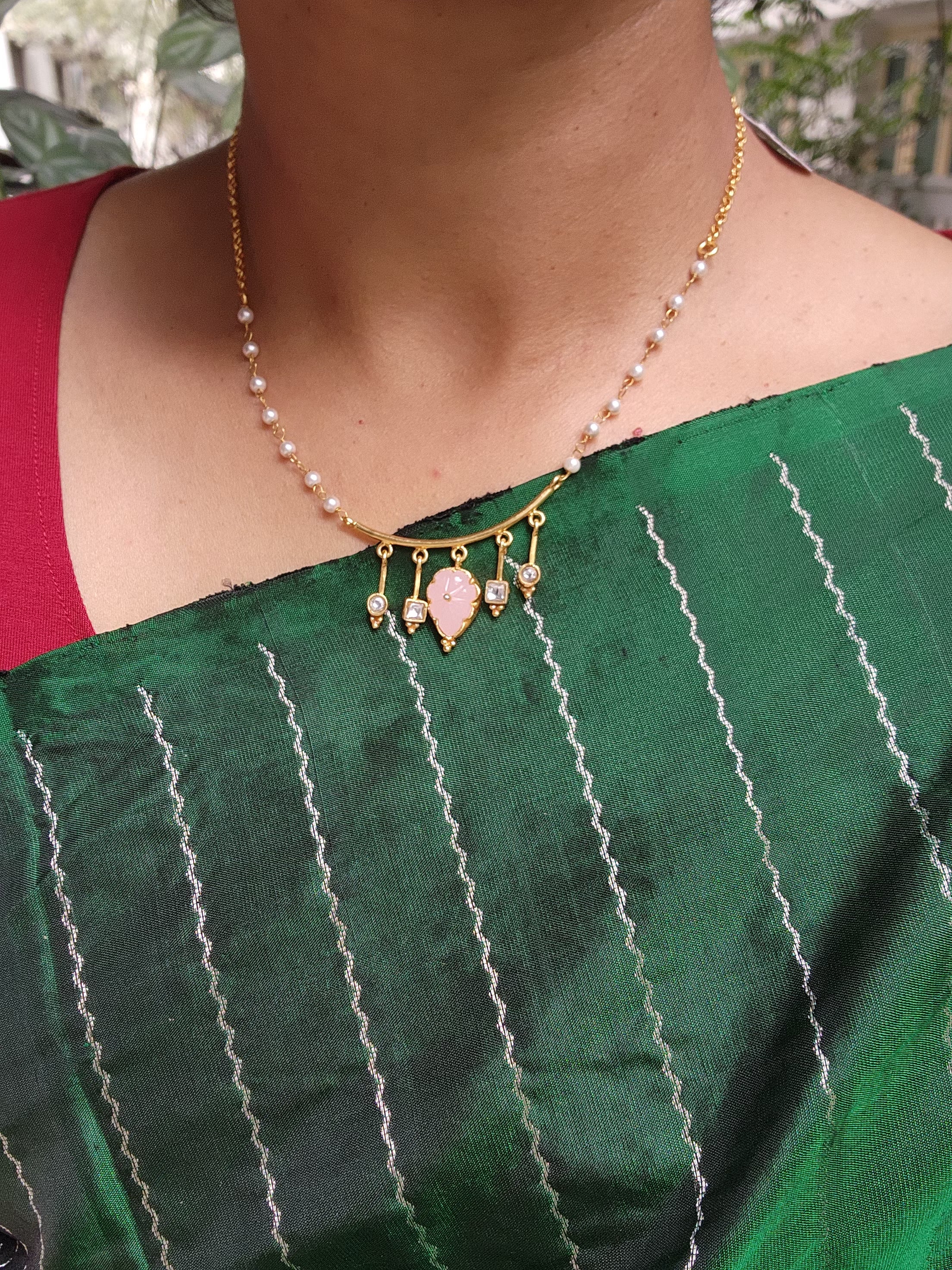 Gold polish kundan & rose quartz pendant with pearl and gold chain-Silver Neckpiece-CI-House of Taamara