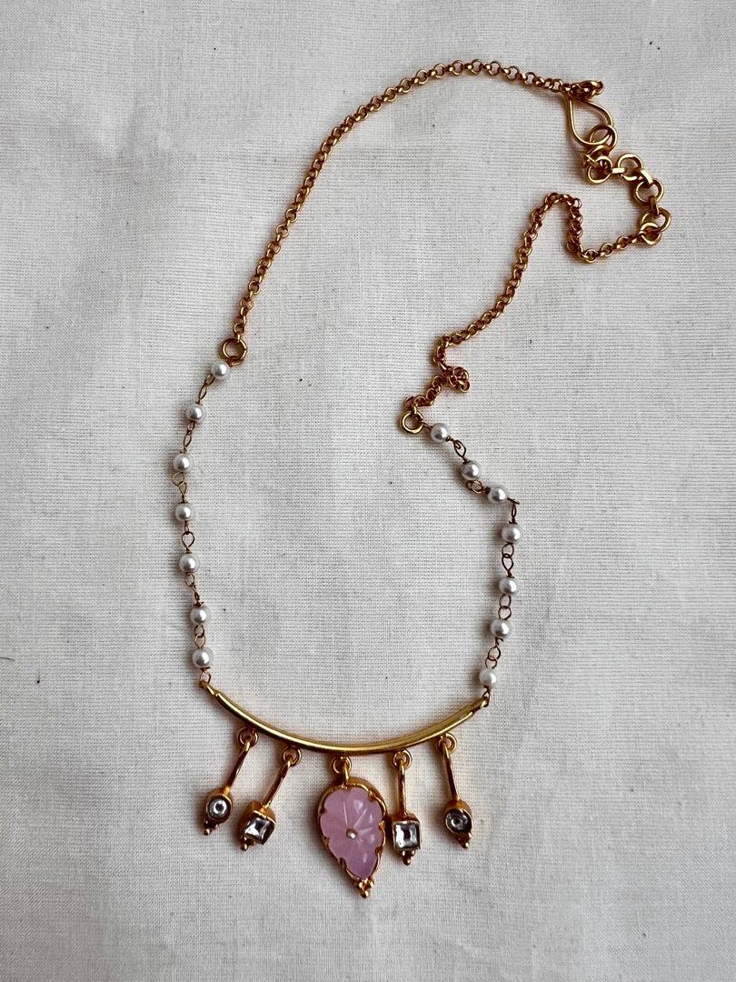 Gold polish kundan & rose quartz pendant with pearl and gold chain-Silver Neckpiece-CI-House of Taamara
