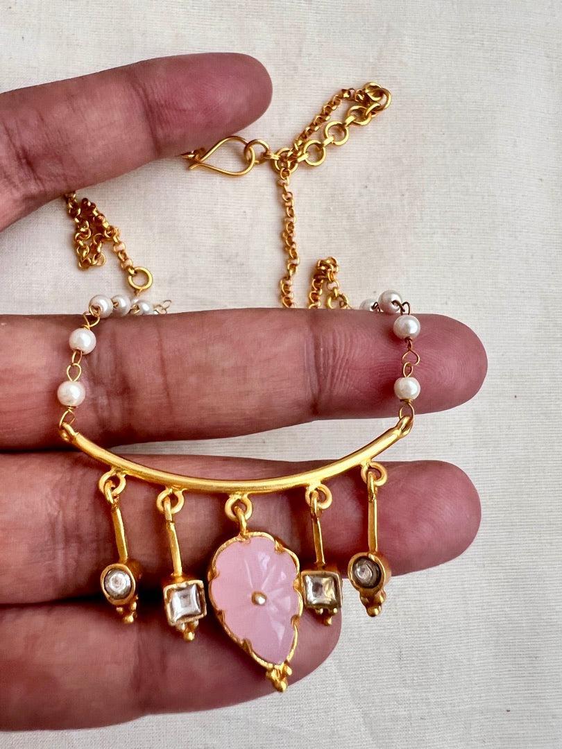 Gold polish kundan & rose quartz pendant with pearl and gold chain-Silver Neckpiece-CI-House of Taamara