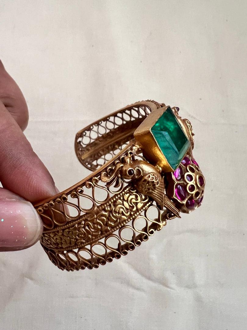 Gold polish kundan & ruby adjustable kada with emerald doublet stone-Silver Bracelet-CI-House of Taamara