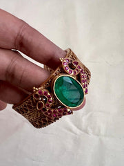 Gold polish kundan & ruby adjustable kada with emerald doublet stone-Silver Bracelet-CI-House of Taamara