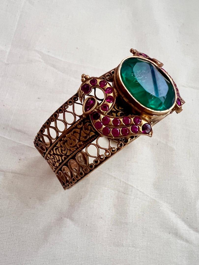 Gold polish kundan & ruby adjustable kada with emerald doublet stone-Silver Bracelet-CI-House of Taamara