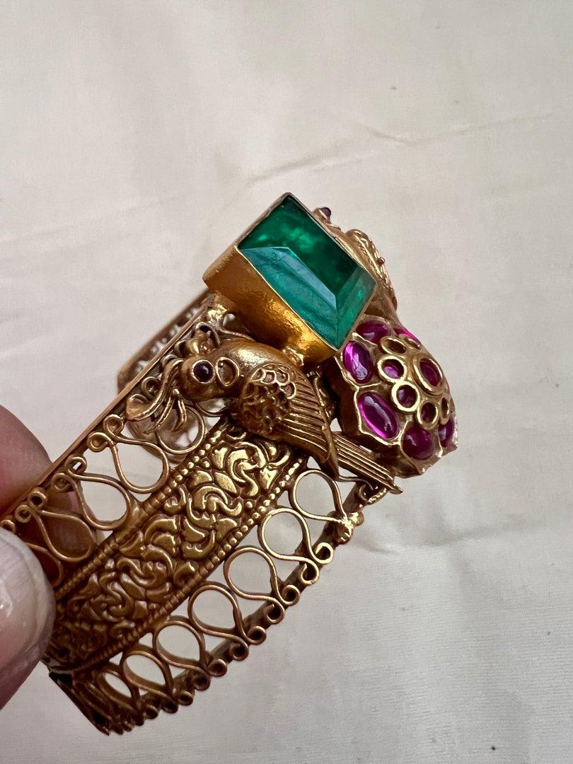 Gold polish kundan & ruby adjustable kada with emerald doublet stone-Silver Bracelet-CI-House of Taamara