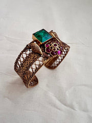 Gold polish kundan & ruby adjustable kada with emerald doublet stone-Silver Bracelet-CI-House of Taamara