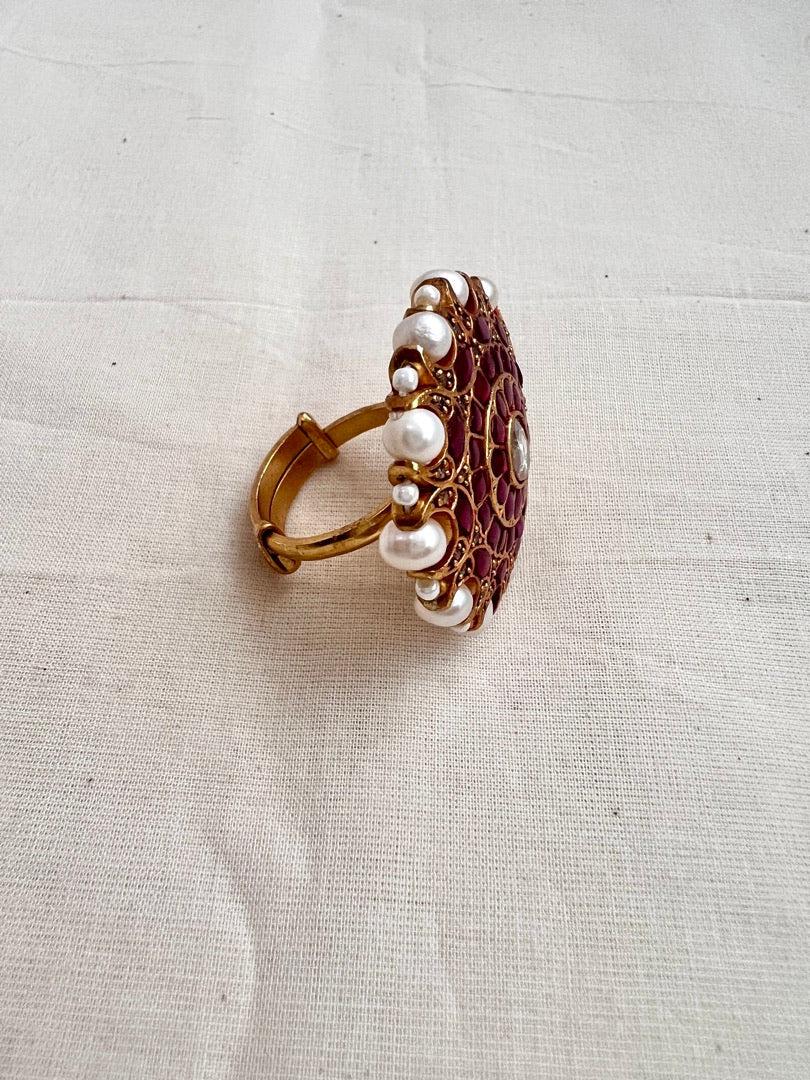 Gold polish kundan & ruby adjustable ring with pearls-Finger Ring-CI-House of Taamara