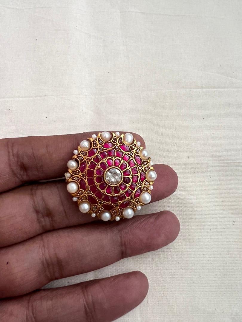 Gold polish kundan & ruby adjustable ring with pearls-Finger Ring-CI-House of Taamara