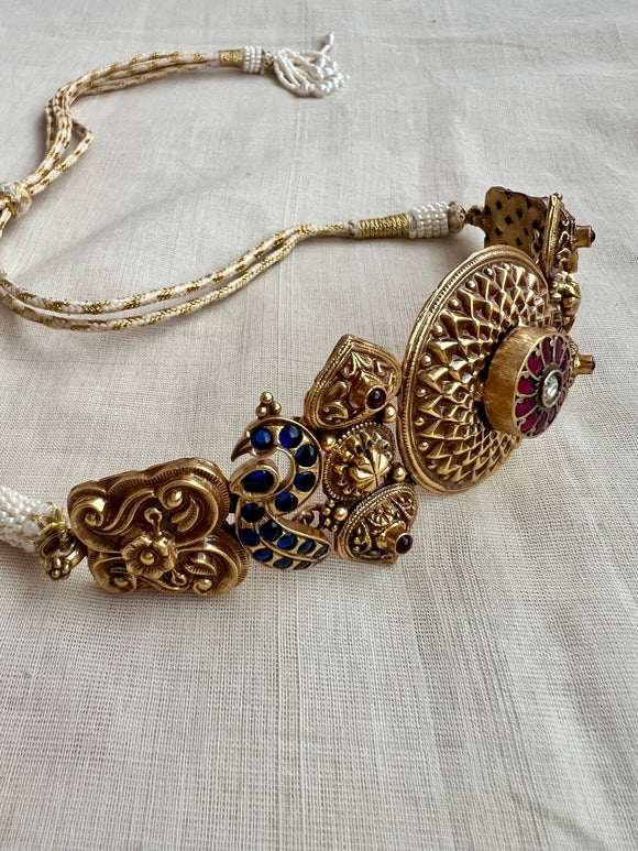 Gold polish kundan, ruby and blue iolite stone choker-Silver Neckpiece-CI-House of Taamara