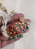 Gold polish kundan, ruby and emerald choker with pearl chain-Silver Neckpiece-CI-House of Taamara