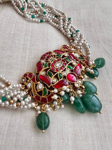 Gold polish kundan, ruby and emerald choker with pearl chain-Silver Neckpiece-CI-House of Taamara