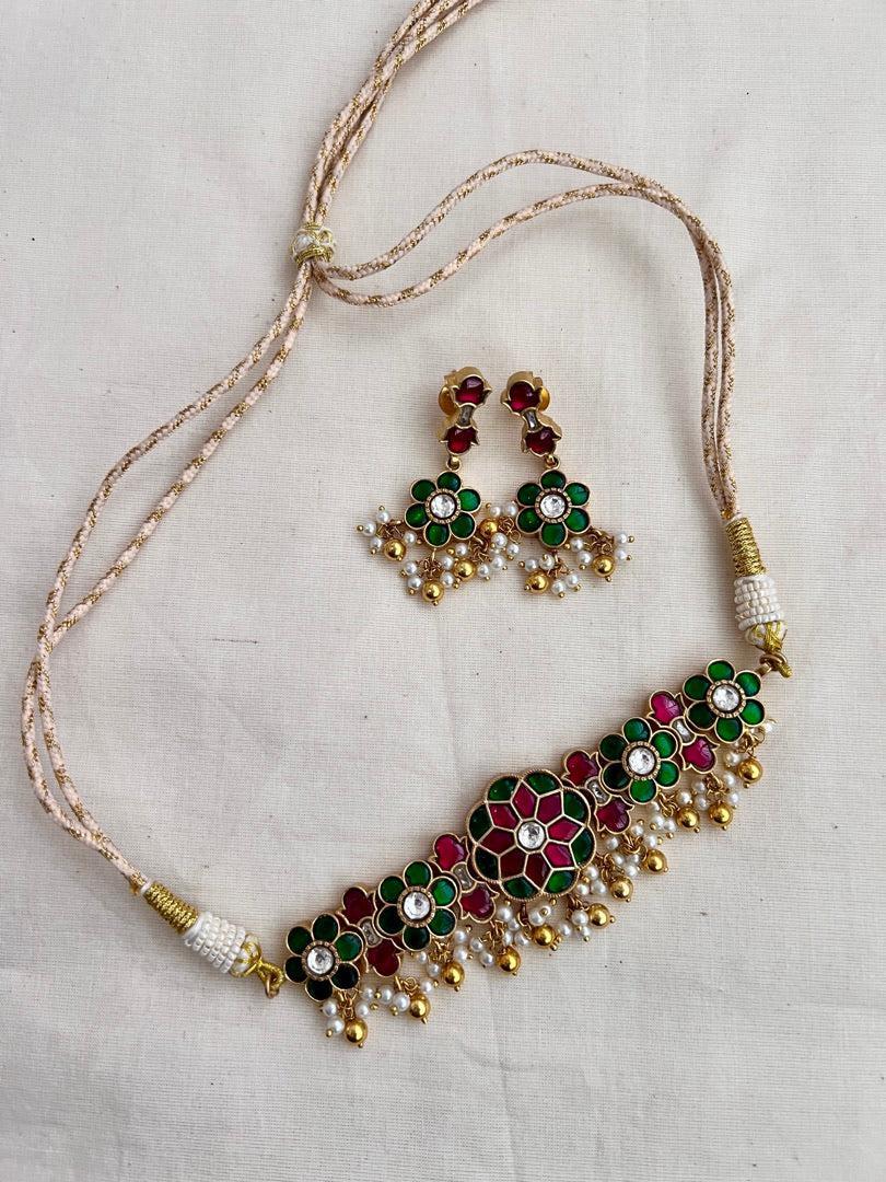 Gold polish kundan, ruby and emerald choker with pearls, SET-Silver Neckpiece-CI-House of Taamara