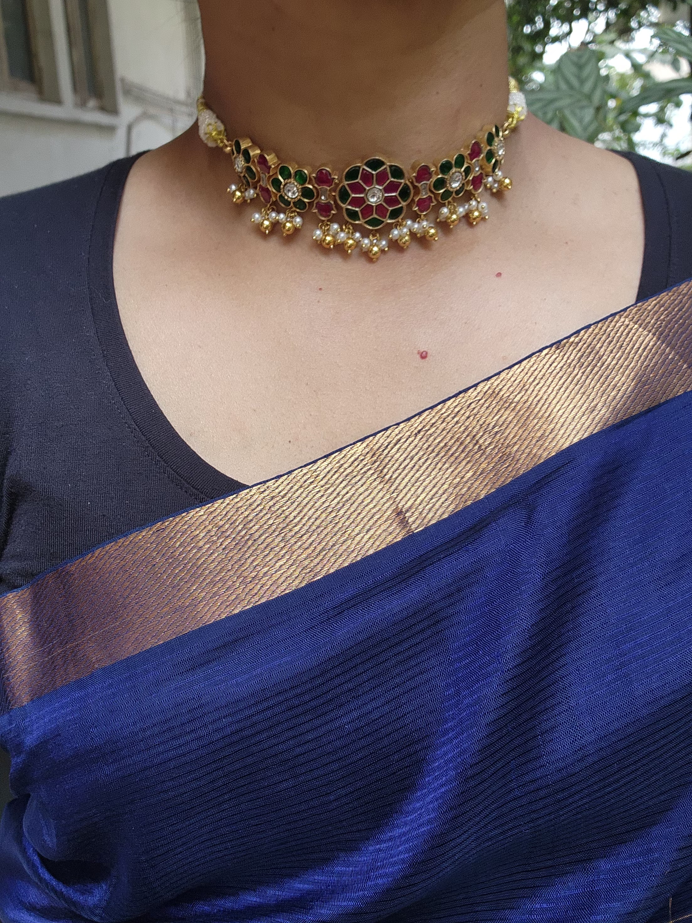 Gold polish kundan, ruby and emerald choker with pearls, SET-Silver Neckpiece-CI-House of Taamara