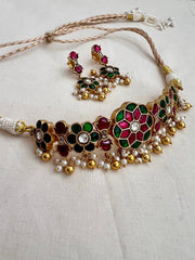 Gold polish kundan, ruby and emerald choker with pearls, SET-Silver Neckpiece-CI-House of Taamara