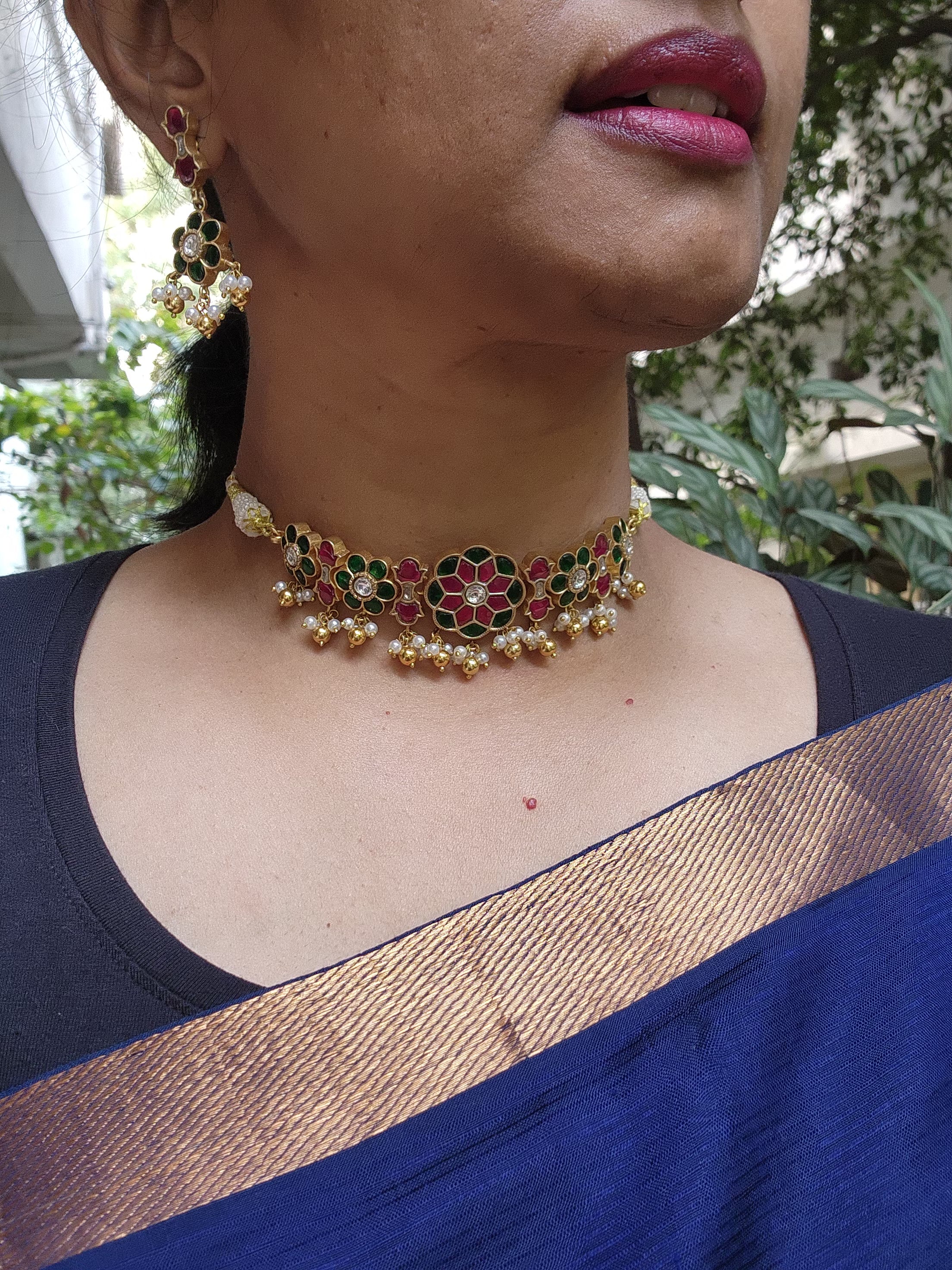 Gold polish kundan, ruby and emerald choker with pearls, SET-Silver Neckpiece-CI-House of Taamara