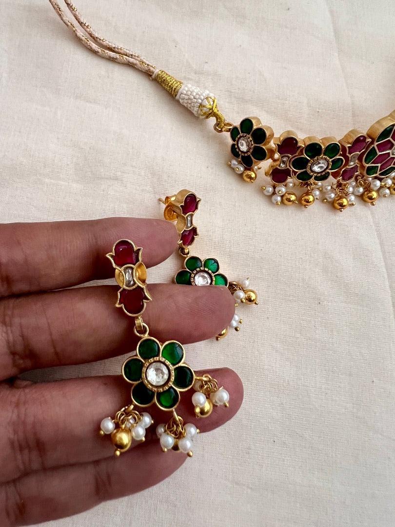 Gold polish kundan, ruby and emerald choker with pearls, SET-Silver Neckpiece-CI-House of Taamara