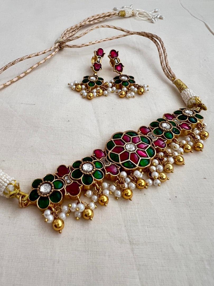 Gold polish kundan, ruby and emerald choker with pearls, SET-Silver Neckpiece-CI-House of Taamara