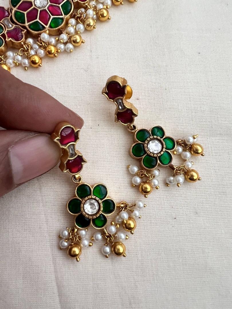 Gold polish kundan, ruby and emerald choker with pearls, SET-Silver Neckpiece-CI-House of Taamara