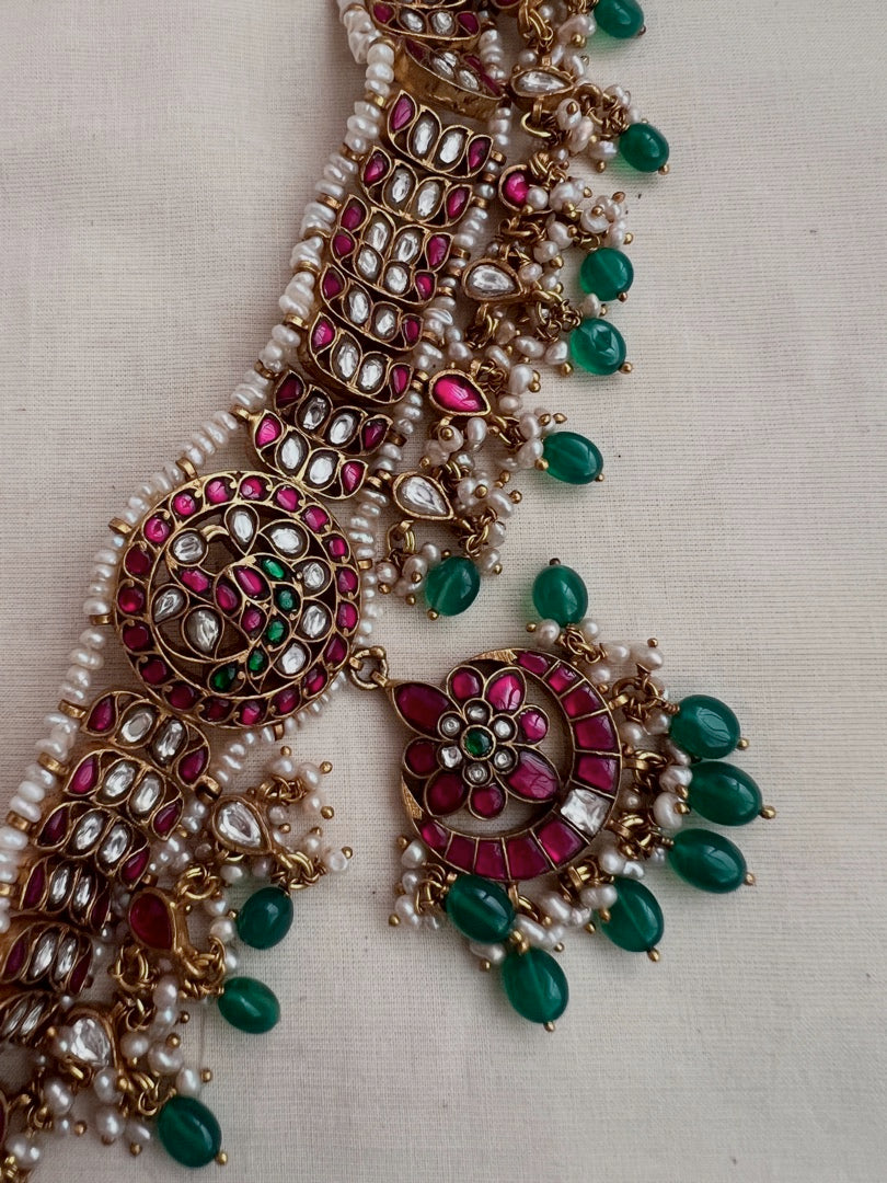 Gold polish kundan, ruby and emerald choker with pearls and green onyx beads-Silver Neckpiece-CI-House of Taamara