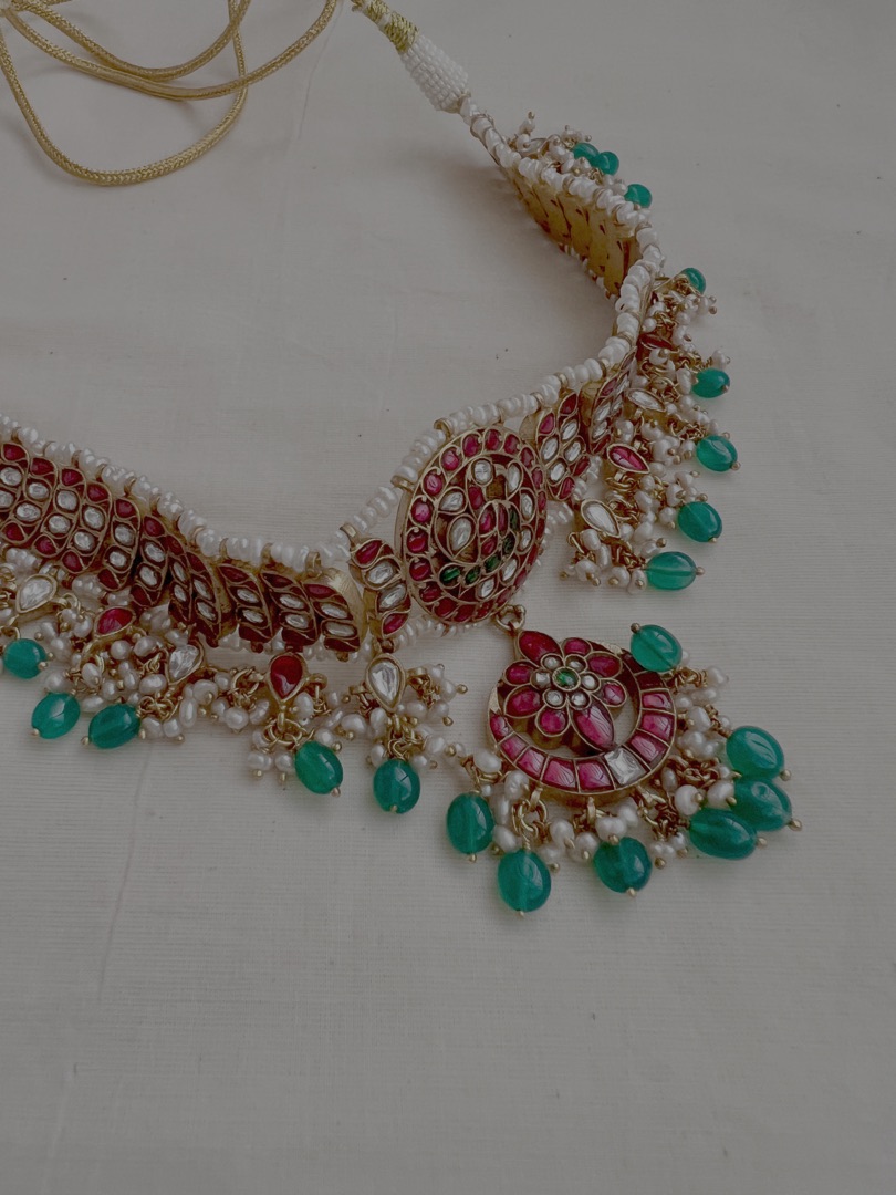 Gold polish kundan, ruby and emerald choker with pearls and green onyx beads-Silver Neckpiece-CI-House of Taamara