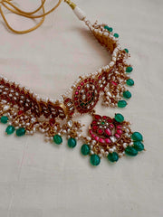 Gold polish kundan, ruby and emerald choker with pearls and green onyx beads-Silver Neckpiece-CI-House of Taamara