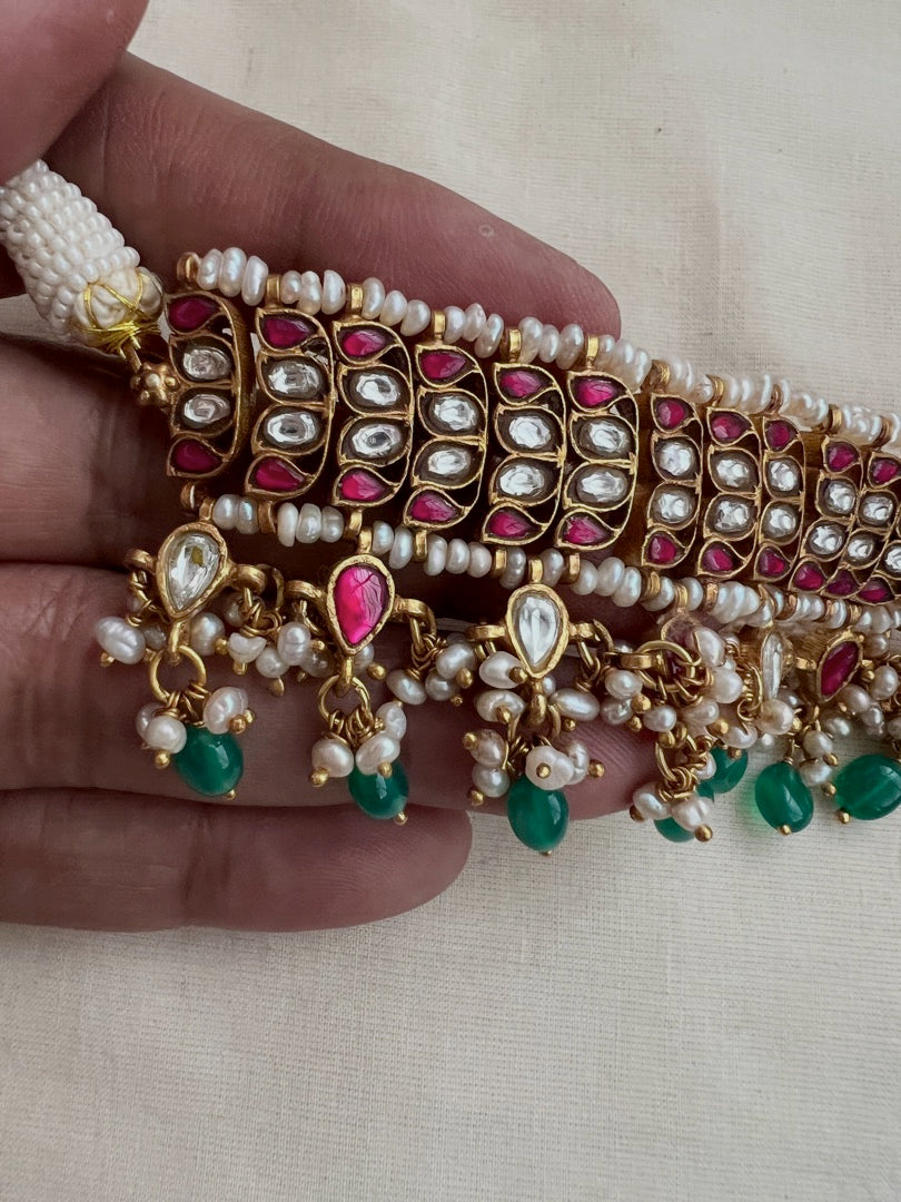 Gold polish kundan, ruby and emerald choker with pearls and green onyx beads-Silver Neckpiece-CI-House of Taamara