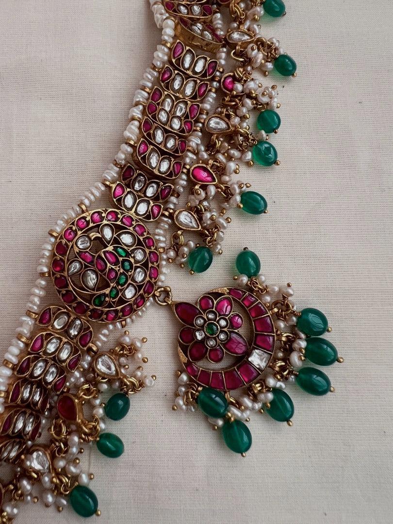 Gold polish kundan, ruby and emerald choker with pearls and green onyx beads-Silver Neckpiece-CI-House of Taamara