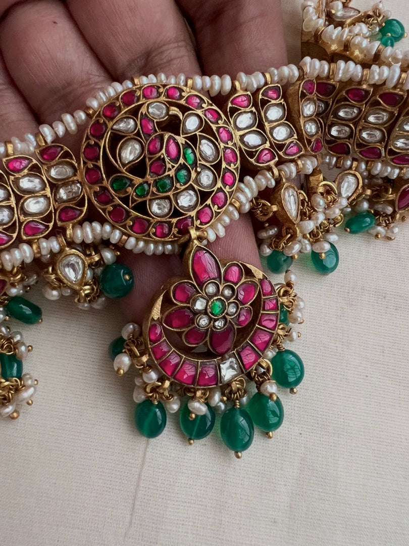 Gold polish kundan, ruby and emerald choker with pearls and green onyx beads-Silver Neckpiece-CI-House of Taamara
