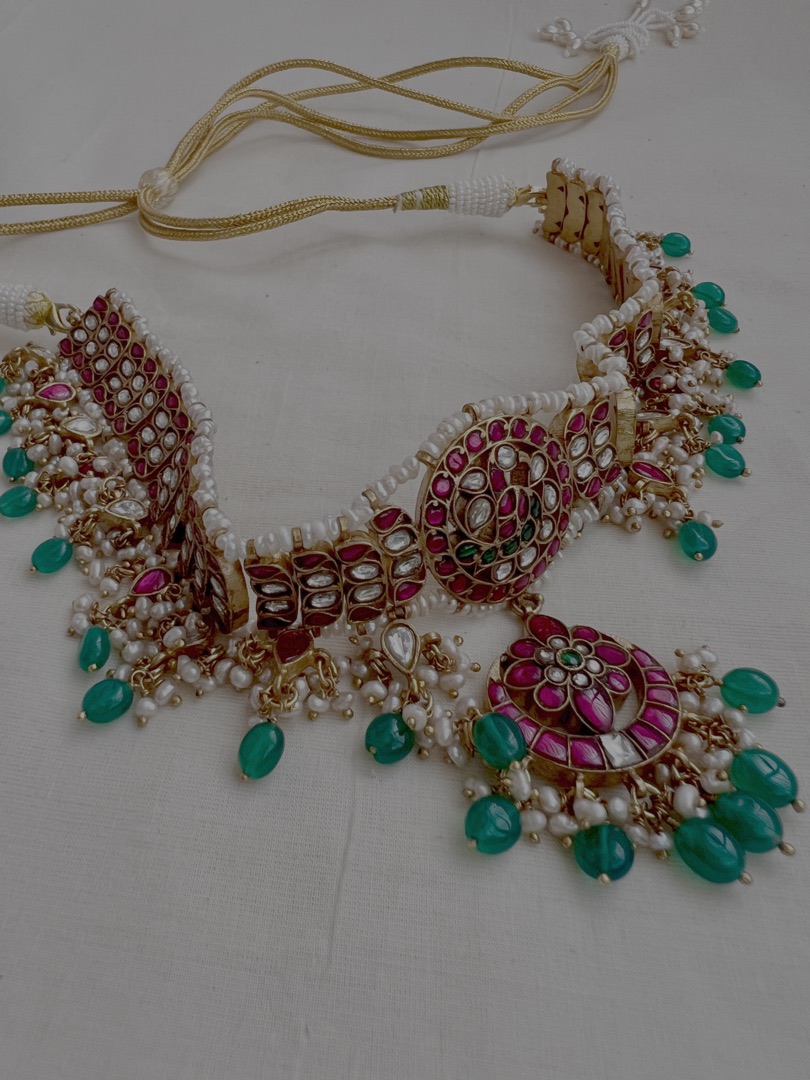 Gold polish kundan, ruby and emerald choker with pearls and green onyx beads-Silver Neckpiece-CI-House of Taamara