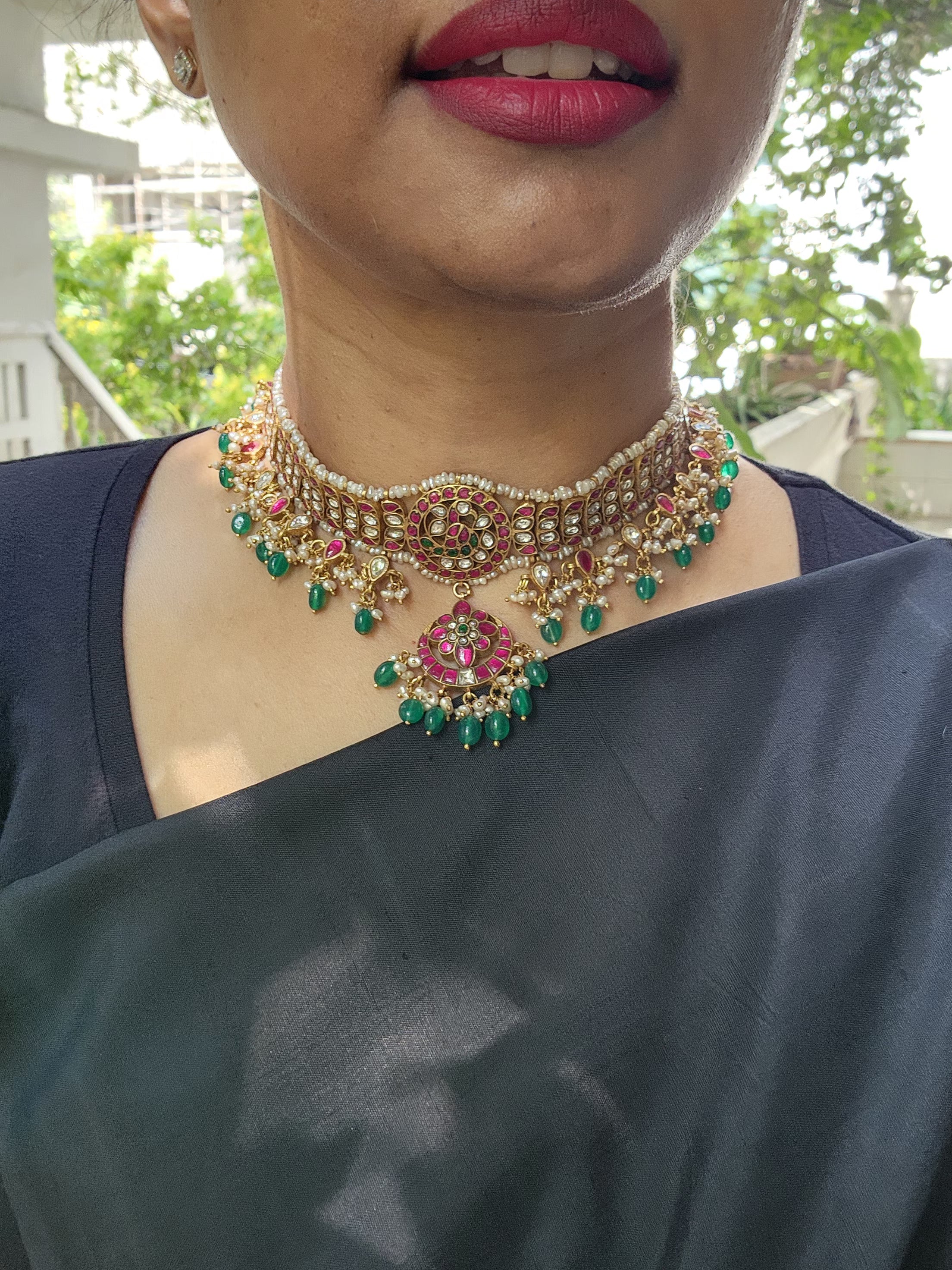 Gold polish kundan, ruby and emerald choker with pearls and green onyx beads-Silver Neckpiece-CI-House of Taamara