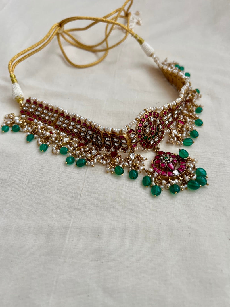 Gold polish kundan, ruby and emerald choker with pearls and green onyx beads-Silver Neckpiece-CI-House of Taamara