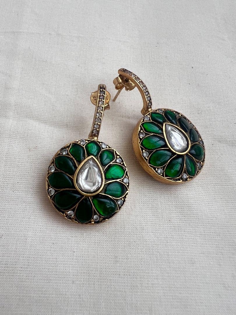 Gold polish kundan, ruby and emerald earrings-Earrings-CI-House of Taamara