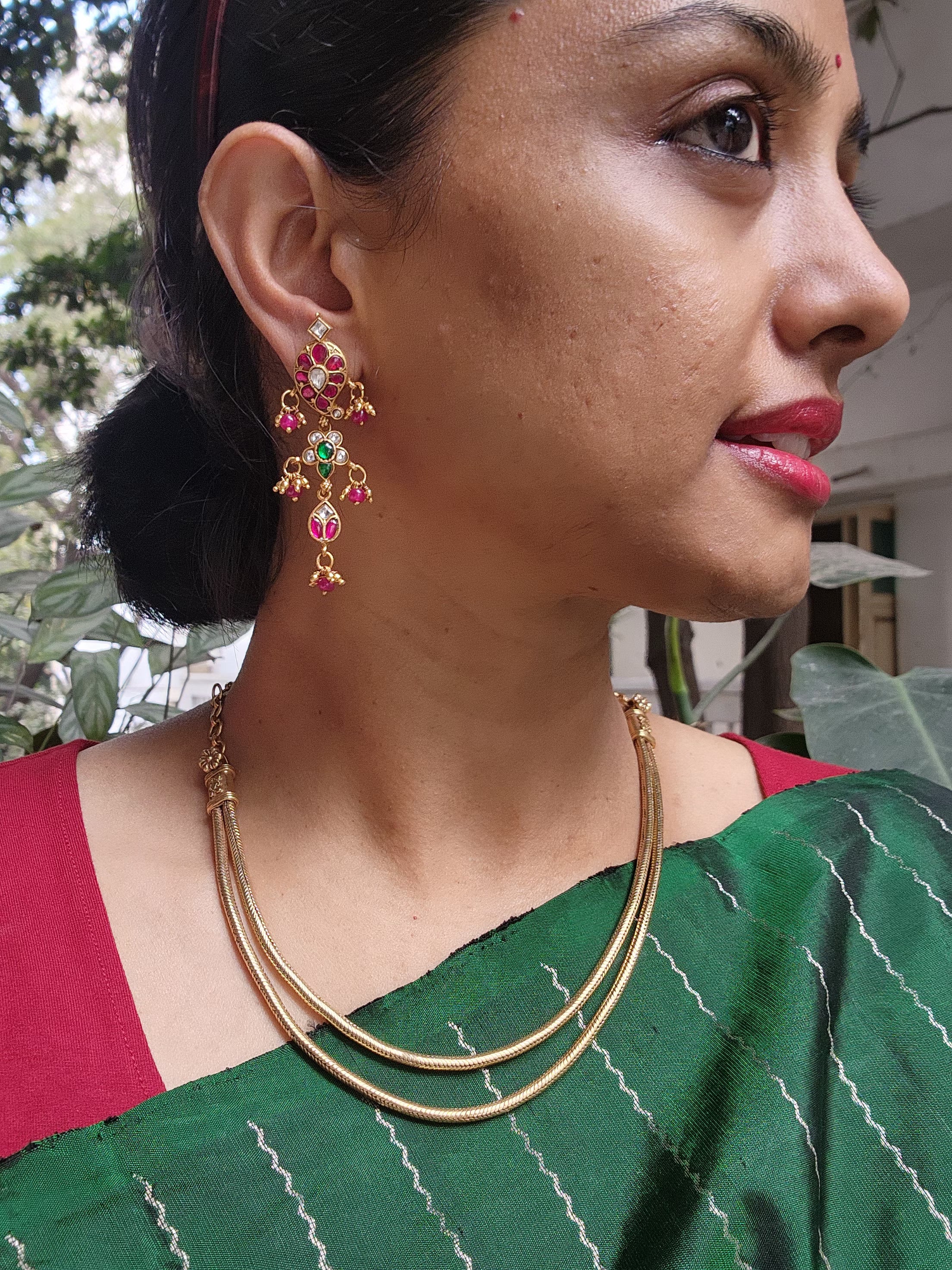 Gold polish kundan, ruby and emerald earrings with pearls-Earrings-CI-House of Taamara