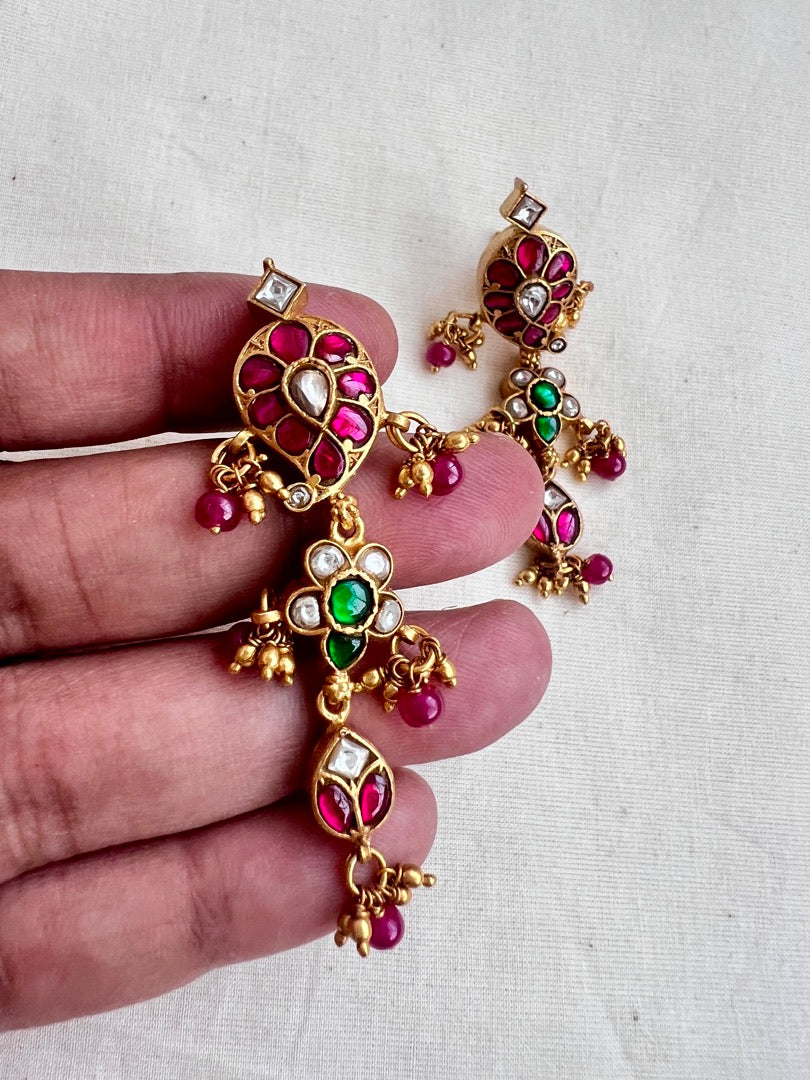 Gold polish kundan, ruby and emerald earrings with pearls-Earrings-CI-House of Taamara