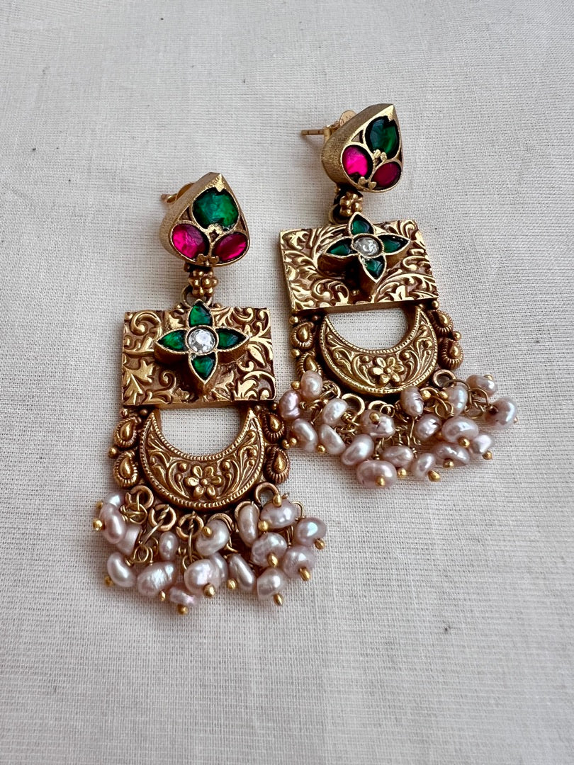 Gold polish kundan, ruby and emerald earrings with pearls-Earrings-CI-House of Taamara