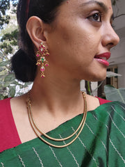 Gold polish kundan, ruby and emerald earrings with pearls-Earrings-CI-House of Taamara
